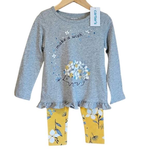 NEW! Carter's 2 Piece Hedgehog Floral Set Yellow Grey Toddler Girl's 3T - Picture 1 of 7